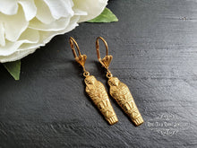 Load image into Gallery viewer, Egyptian Earrings, Drop | Dangle, Sarcophagus Charm, Raw Brass Goldtone Finish, Lever Back Closure, Drop Length: 4.5cm( 45mm/1.77 Inches)
