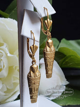 Load image into Gallery viewer, Egyptian Earrings, Drop | Dangle, Sarcophagus Charm, Raw Brass Goldtone Finish, Lever Back Closure, Drop Length: 4.5cm( 45mm/1.77 Inches)
