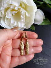 Load image into Gallery viewer, Egyptian Earrings, Drop | Dangle, Sarcophagus Charm, Raw Brass Goldtone Finish, Lever Back Closure, Drop Length: 4.5cm( 45mm/1.77 Inches)
