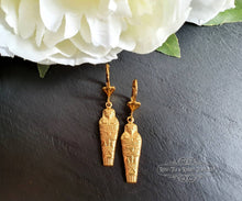 Load image into Gallery viewer, Egyptian Earrings, Drop | Dangle, Sarcophagus Charm, Raw Brass Goldtone Finish, Lever Back Closure, Drop Length: 4.5cm( 45mm/1.77 Inches)
