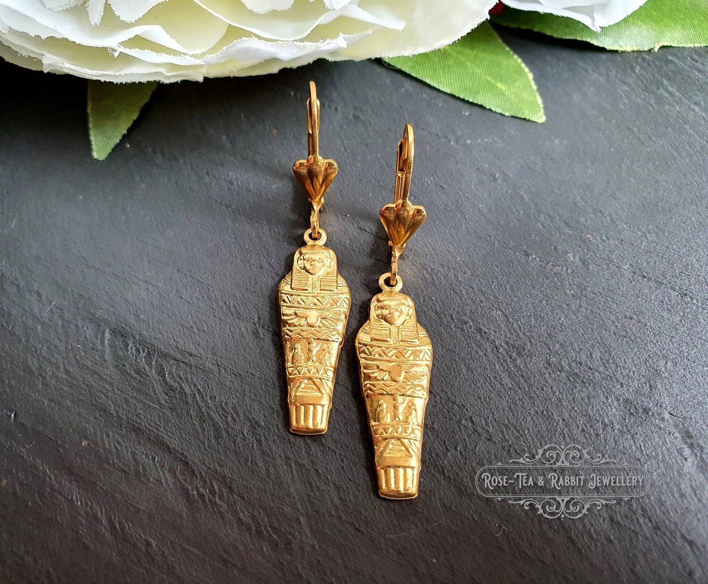 Egyptian Earrings, Drop | Dangle, Sarcophagus Charm, Raw Brass Goldtone Finish, Lever Back Closure, Drop Length: 4.5cm( 45mm/1.77 Inches)