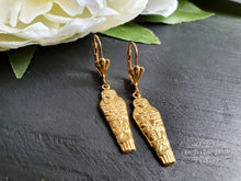 Load image into Gallery viewer, Egyptian Earrings, Drop | Dangle, Sarcophagus Charm, Raw Brass Goldtone Finish, Lever Back Closure, Drop Length: 4.5cm( 45mm/1.77 Inches)
